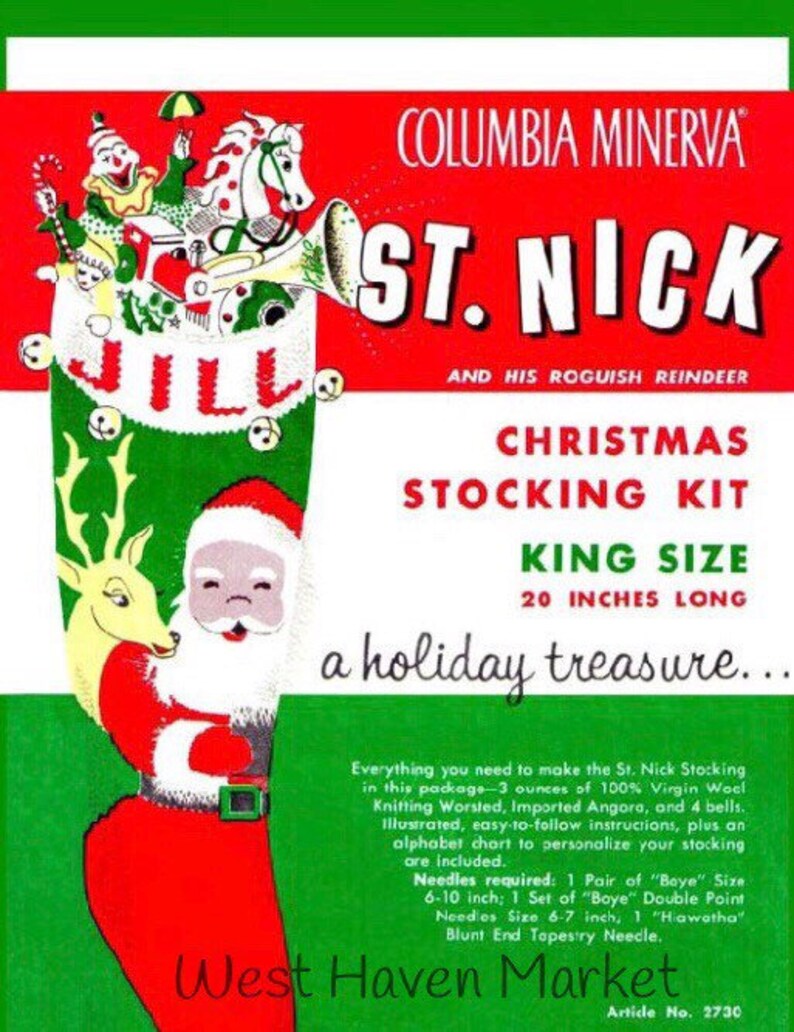 Hand Knit /& Personalized Vintage St 100/% Pure Wool Nick with Reindeer Christmas Stocking