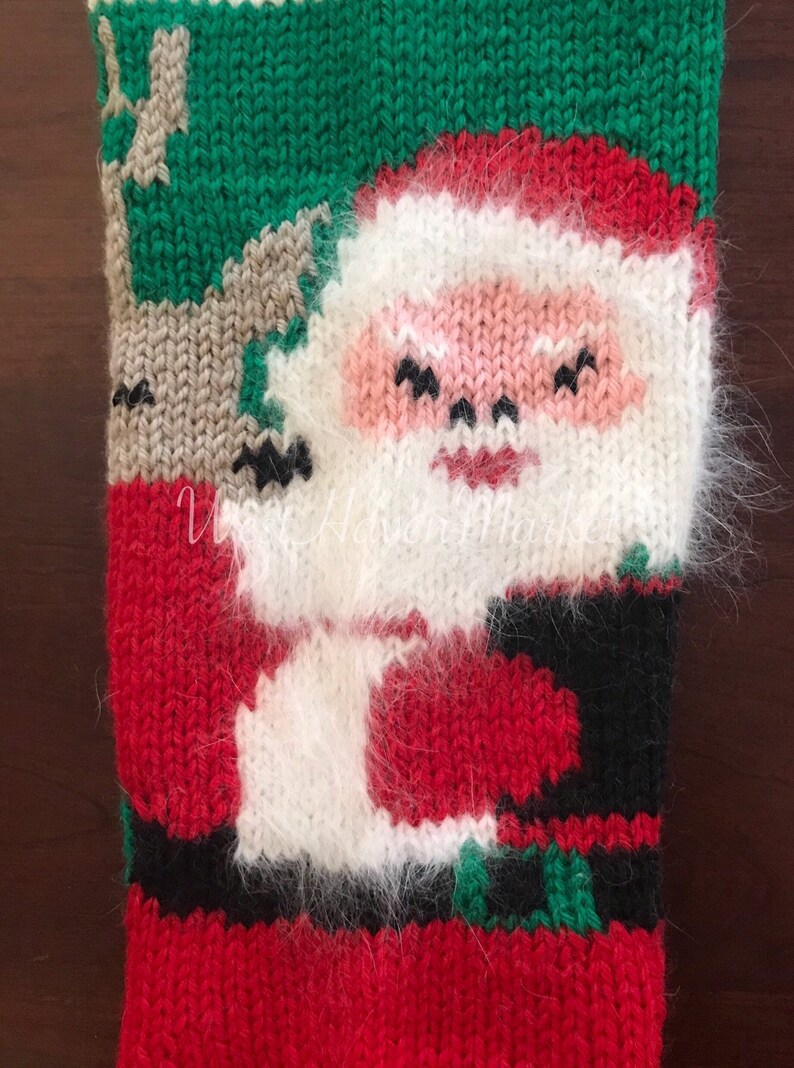 Hand Knit /& Personalized Vintage St 100/% Pure Wool Nick with Reindeer Christmas Stocking