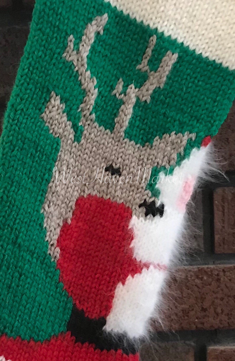 Hand Knit /& Personalized Vintage St 100/% Pure Wool Nick with Reindeer Christmas Stocking