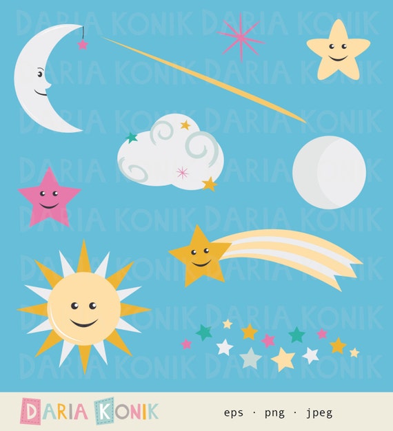 Sun Moon Stars Clip Art Set Sky Clipart Shooting Star Cloud Etsy