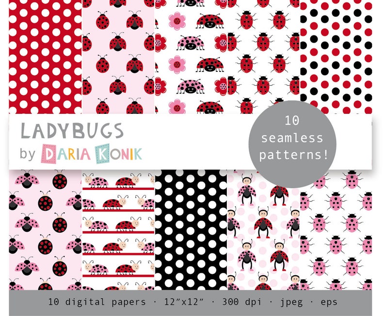 Ladybugs Digital Paper Pack Red Pink Black Dots Etsy