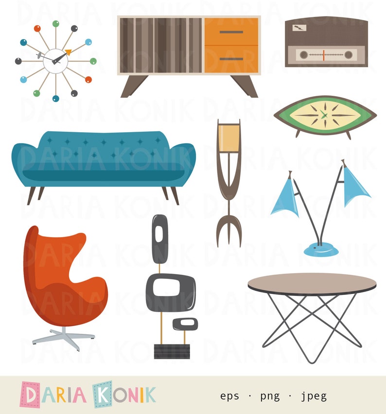 Retro Furniture Clipart Set Midcentury Modern Design Atomic Image 0
