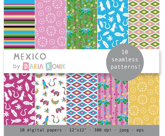 Mexico Digital Paper Pack Folk Art Inspired Otomi Zapotec Etsy