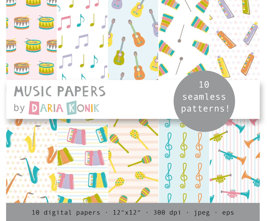 Music Papers Digital Paper Packdrums Xylophones Guitars Etsy