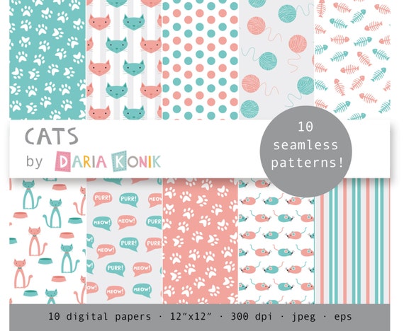 Cats Digital Paper Pack Cats Fishbones Balls Of Yarn Toy Etsy