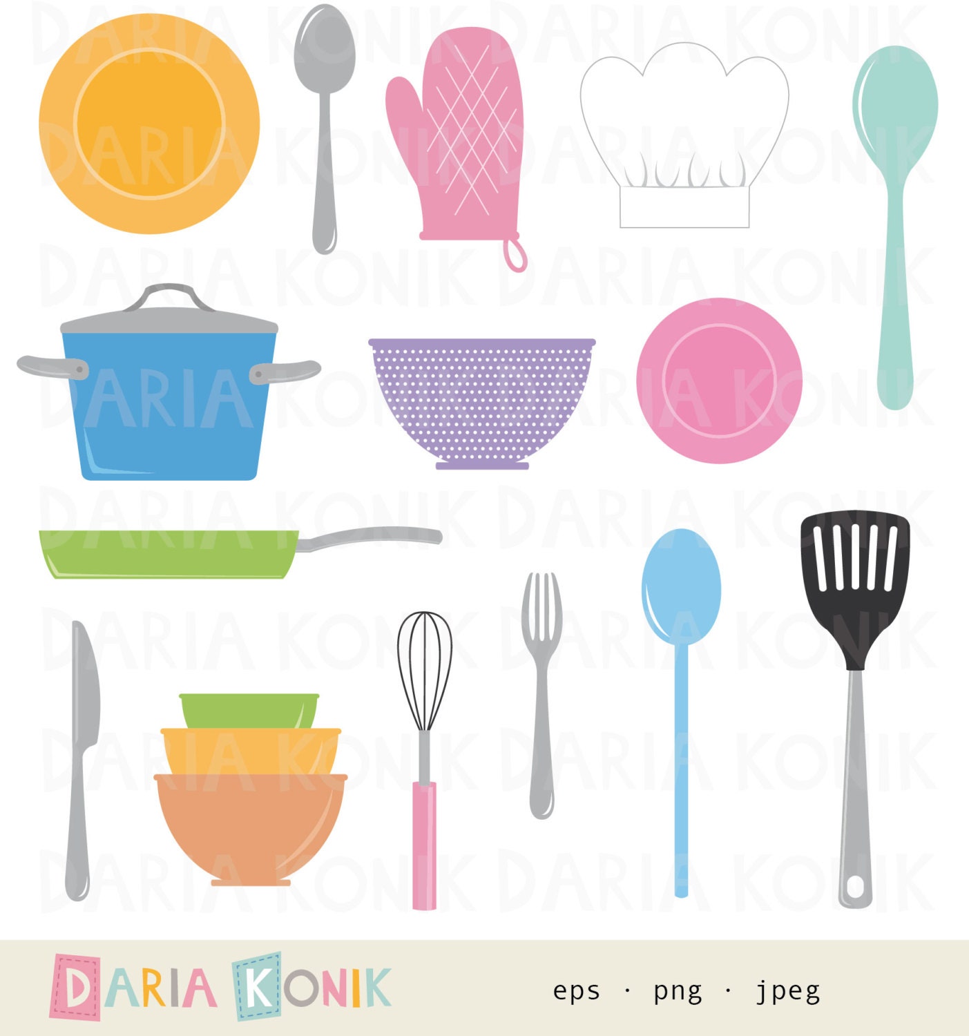 Cooking Clip Art Set Kitchen Clipart Cooking Utensils Plates Pan Spoons Knife Whisk Bowls Eps Png