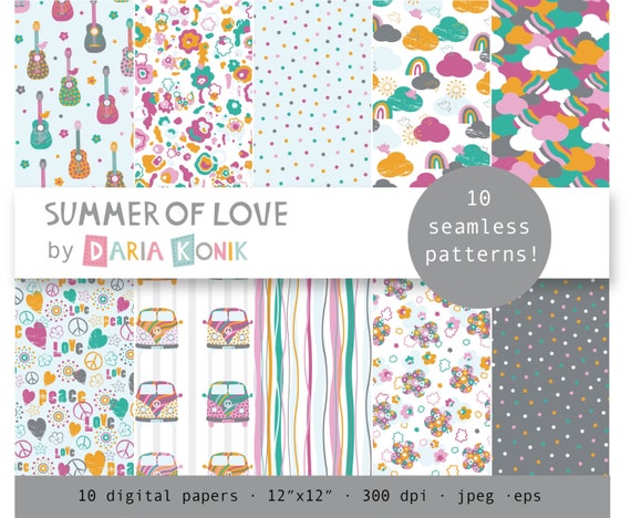 Summer Of Love Digital Paper Pack Hippie Doves Clouds Etsy