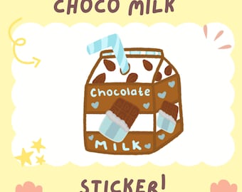 Könnte beinhalten: Eine Cartoon-Illustration eines Kartons mit Schokoladenmilch und einem blau-weiß gestreiften Strohhalm. Der Karton ist braun und weiß und trägt die Aufschrift "Chocolate Milk". Die Illustration befindet sich auf einem gelben Hintergrund mit weißem Rand und den Worten "Sticker!" und "@turtles_wares" unterhalb der Illustration.