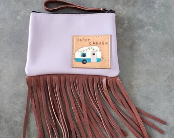 Lavender Leather Wristlet with Happy Camper Patch and Fringe