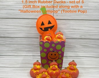 Pumpkin Mini Rubber Ducks - set of 5 with Lollipop and gift box, Halloween favors, party supplies, Rubber Ducks, Trick or Treat