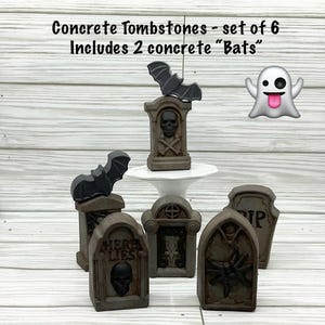 Concrete Tombstones (Set of 6) with Bats: Halloween Cemetery Decor