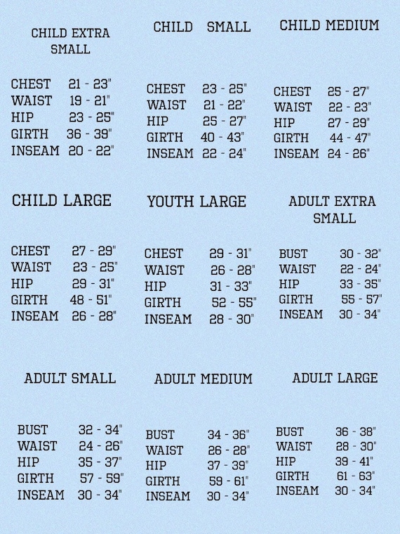 Etsy Size Chart