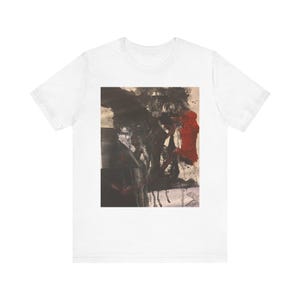 May include: White t-shirt featuring an abstract art print. The artwork showcases a blend of black, red, and white brushstrokes, creating a dynamic and expressive design. The shirt is made of a soft, comfortable material.