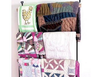 Quilt Wall Display Add-On Pair, Blacksmith Hooks, Wood Bar