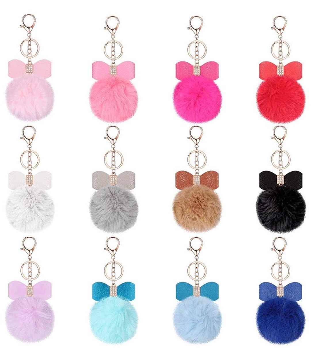 CrazyHouseTees Fuzzy Fluffy Heart Shape Pom Poms Key Ring Faux Rabbit Fur Pompoms, in The USA