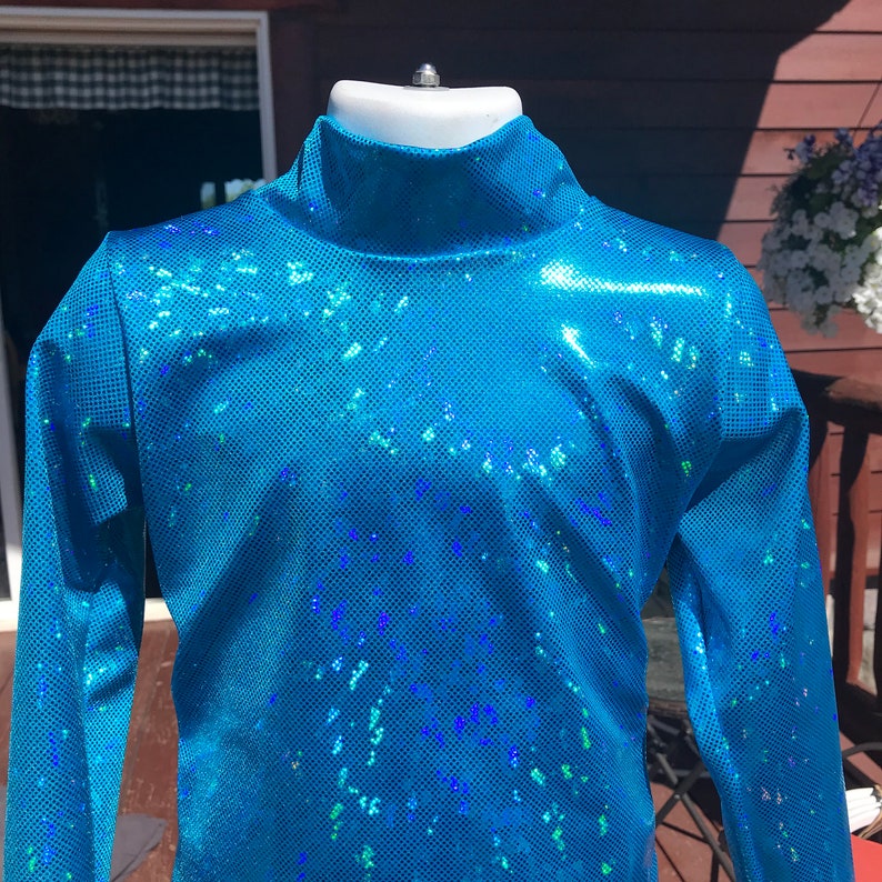May include: A turquoise long-sleeved top with a high, mock neck. The fabric has a shimmering, sequined appearance, with a grid-like pattern. The top is displayed on a white mannequin head and shoulders.