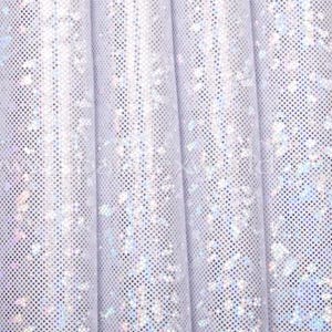 May include: Close-up of white fabric with a grid pattern and iridescent glitter accents. The fabric is draped in soft folds, creating a textured surface. The overall effect is a shimmering, light-reflecting material.