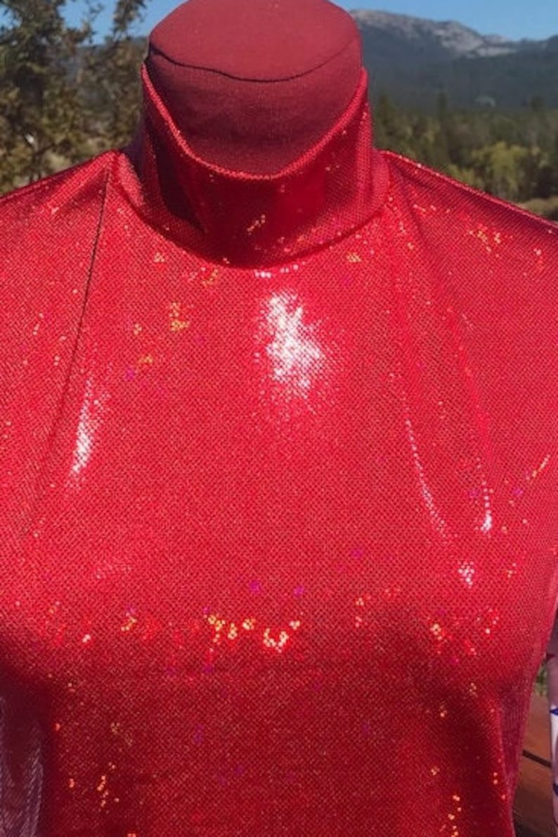 May include: A red sequined turtleneck top. The top is made of small, shiny sequins that catch the light. The turtleneck is a darker shade of red. The top is displayed on a mannequin.
