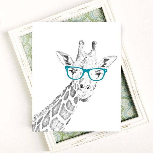 Printable Giraffe with Glasses Art Print, Black and White Giraffe Printable, Giraffe Nursery Wall Decor, Teal, 8x10 Digital Print