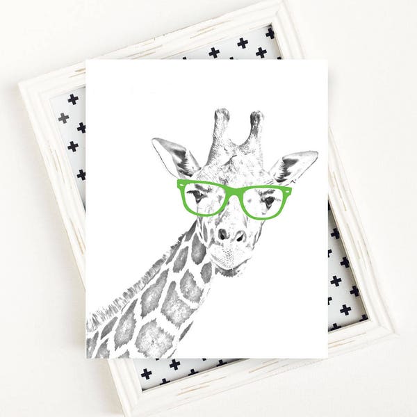 Whimsical Giraffe Art Print, Black and White Giraffe Poster Print, Giraffe with Glasses Printable Art, Lime Green, 8x10 Digital Art