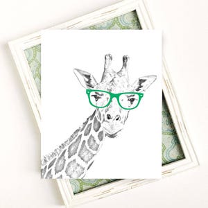 May include: A black and white illustration of a giraffe wearing green glasses. The giraffe is looking to the right and its head is tilted slightly. The background is white.