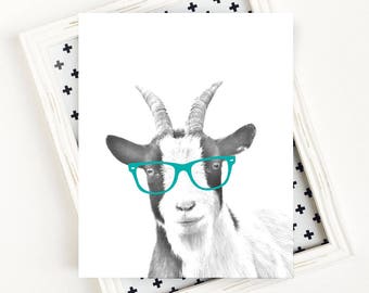 Goat Art Print, Farm Animal Nursery, Goat Printable, Goat with Glasses, Black and White Animal Art Print, 8x10 PRINTABLE Wall Art