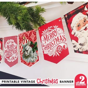 Vintage Christmas Banner Printable PDF | Retro Santa Christmas Bunting | Old Fashioned Christmas Decor | Christmas Dog and Cat Garland