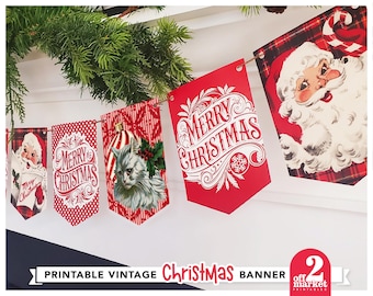 Banner navideño vintage imprimible en formato PDF / Banderín navideño retro de Papá Noel / Decoración navideña antigua / Guirnalda navideña con perros y gatos
