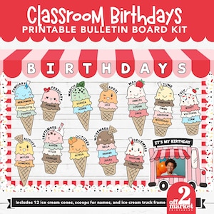 Birthday Bulletin Board Kit for Teachers Class Decor - Classroom Birthday Display - Ice Cream Bulletin Board Printable