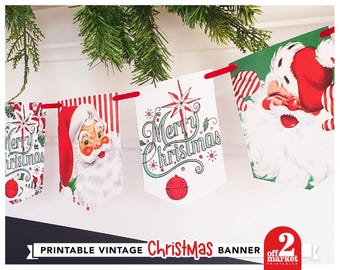 Banner navideño imprimible para descargar digitalmente / Banner vintage de Papá Noel para decoración navideña / Guirnalda de repisa navideña en archivo png