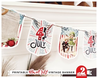 Printable 4th of July Banner png and pdf files | Vintage Style Patriotic Banner Fourth of July decor | 4th of July decorations download