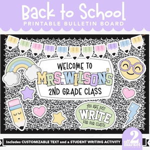 May include: A printable bulletin board with a black background and a white speckled pattern. The board features colorful illustrations of pencils, a rainbow, stars, hearts, and a smiling face. Text includes "Back to School" and "Welcome to Mrs. Wilson's 2nd Grade Class."