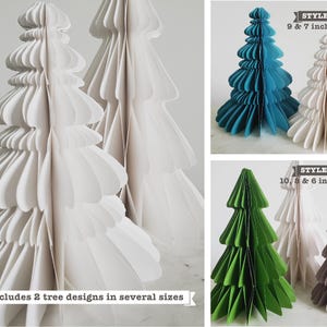 Puede incluir: Dos estilos de &aacute;rboles de Navidad de papel en varios tama&ntilde;os. El primer estilo es blanco con un dise&ntilde;o de volantes y viene en tama&ntilde;os de 18 y 23 cm. El segundo estilo est&aacute; disponible en verde, azul y gris y viene en tama&ntilde;os de 15, 20 y 25 cm.