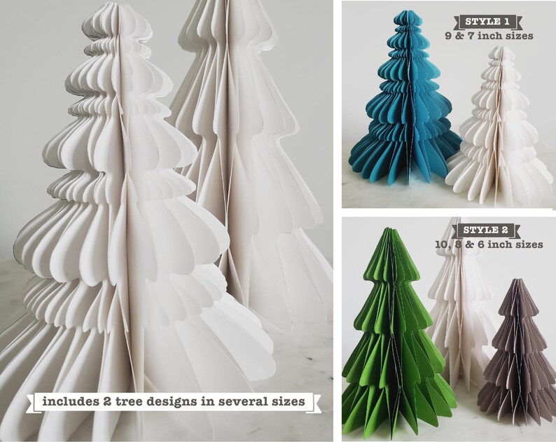 Puede incluir: Dos estilos de &aacute;rboles de Navidad de papel en varios tama&ntilde;os. El primer estilo es blanco con un dise&ntilde;o de volantes y viene en tama&ntilde;os de 18 y 23 cm. El segundo estilo est&aacute; disponible en verde, azul y gris y viene en tama&ntilde;os de 15, 20 y 25 cm.