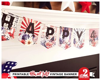 Printable 4th of July Banner digital download | Shabby Chic Patriotic Banner Fourth of July decor | 4th of July decor garland png file