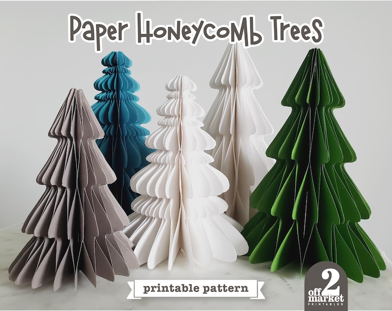 Puede incluir: Patr&oacute;n imprimible para hacer &aacute;rboles de papel en forma de panal. La imagen muestra cuatro &aacute;rboles de diferentes colores: gris, azul verdoso, blanco y verde. El texto "Paper Honeycomb Trees" y "printable pattern" est&aacute; incluido en la imagen.
