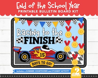 End of Year Bulletin Board Kit for Teachers Classroom Decor | Summer Countdown Bulletin Board | Racing themed May Bulletin Board