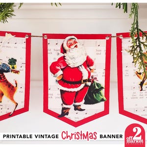 Vintage Christmas Banner Printable PDF | Retro Santa Christmas Bunting | Old Fashioned Christmas Decor | Santa and Reindeer Garland Download