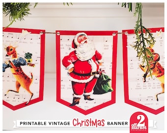 Banner navideño vintage imprimible en formato PDF / Banderín navideño retro de Papá Noel / Decoración navideña antigua / Guirnalda de Papá Noel y renos para descargar