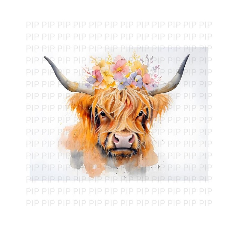 Watercolor Highland Cow Flower Crown Clip-art Sublimation T-shirt ...