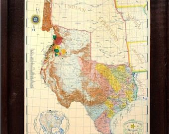 Republic of Texas Map 1845 Custom Framed in Dark Stained Reclaimed Wood - Texas Home Decor Art