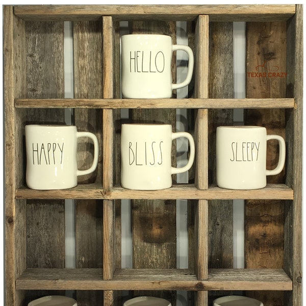 Oversize Coffee Mugs Storage - 28 custom sizes - Storage to fit large Starbucks mugs and Rae Dunn Mug Collections - Reclaimed Wood