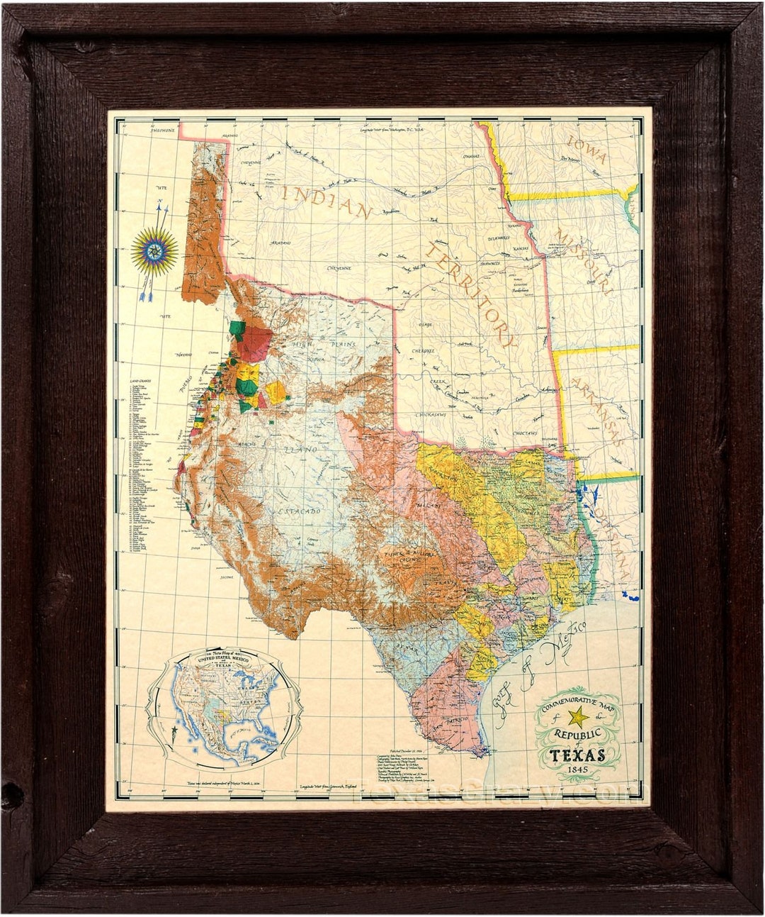 Republic of Texas Map Large 1845 Custom Framed in Dark Stained