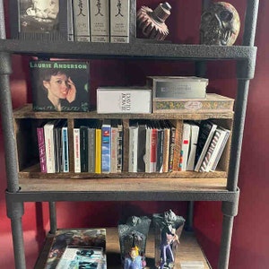 Puede incluir: Una estanter&iacute;a de metal y madera de varios niveles que muestra varios art&iacute;culos. La estanter&iacute;a superior contiene libros y objetos decorativos, incluyendo una calavera. La estanter&iacute;a del medio presenta una colecci&oacute;n de CDs y un disco de vinilo. La estanter&iacute;a inferior tiene figuritas y una caja de CD.