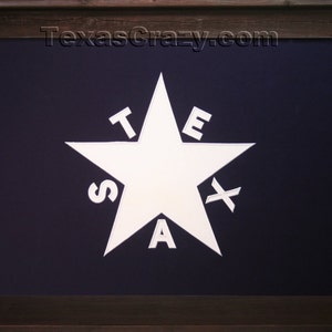 May include: A framed print of the Texas flag, featuring a white five-pointed star with the letters "TEXAS" surrounding it, on a dark blue background.