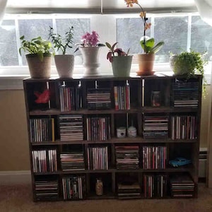 Puede incluir: Un estante r&uacute;stico de madera para guardar CDs con m&uacute;ltiples compartimentos. El estante est&aacute; lleno de CDs y coronado con plantas y flores en macetas. El estante est&aacute; frente a una ventana.