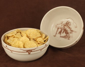 Rustic Western Decor Serving Bowl for Chips, Dips, Chili, and More with Rust Color Accents!