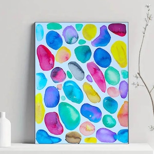 Blue Coastal original Wall Art, Sea Glass Abstract Art, Indigo Green Beach House Decor, Turquoise Ocean Abstract Watercolor Stones Painting