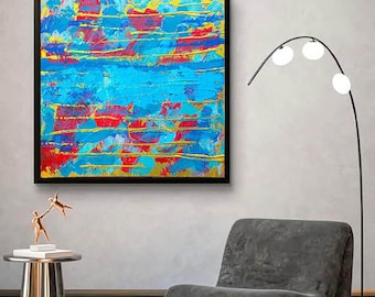 Blue Abstract Expressionist Painting: Electric Horizon - 20" x 20" Canvas