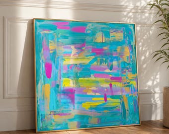 Original Abstract Painting 36x36, Turquoise Pink Yellow Blue Gold Canvas, Modern Artwork